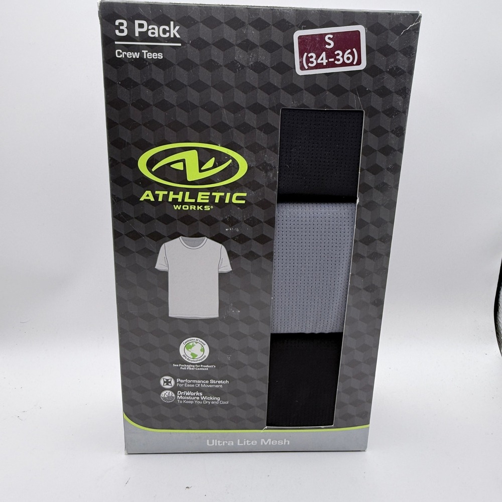 Athletic Works Crew Tees Men Small 3 Pack Ultra Lite Mesh DriWorks Black Grey